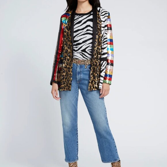 $995 Small ALICE + OLIVIA - Kylie Sequin Shawl Collar Jacket Black/Multi - Picture 4 of 5